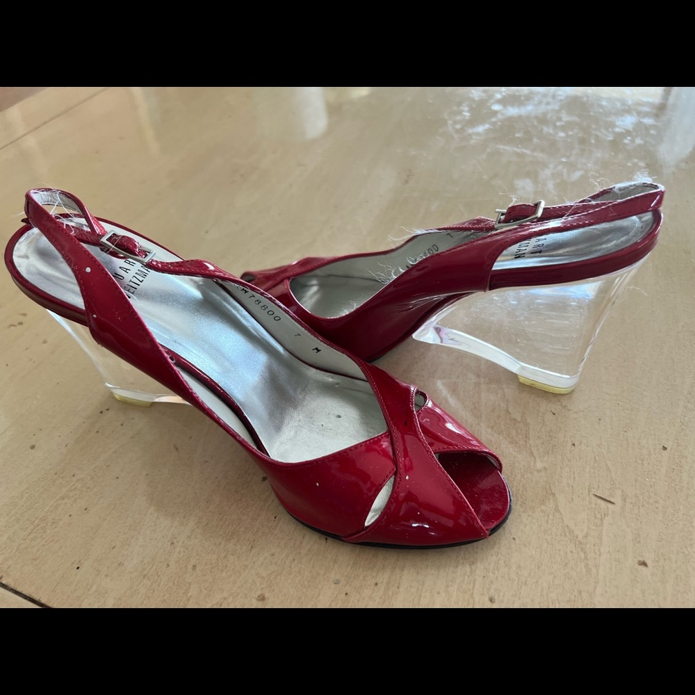 Vintage Stuart Weitzman Lipstick Red & Lucite Peeptoe Wedge Heel
